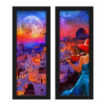 Kit 2 Quadros Decorativos Lavabo Paisagem Lua Mulher Violino