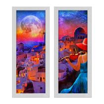 Kit 2 Quadros Decorativos Lavabo Paisagem Lua Mulher Violino