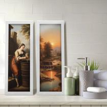 Kit 2 Quadros Decorativos Lavabo Pintura Barroco Pôr do Sol Paisagem Rio