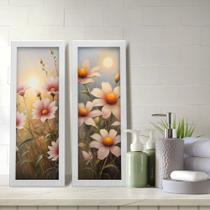 Kit 2 Quadros Decorativos Lavabo Pintura Pôr do Sol Floral Flores