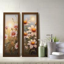 Kit 2 Quadros Decorativos Lavabo Pintura Pôr do Sol Floral Flores