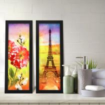 Kit 2 Quadros Decorativos Lavabo Pôr do Sol Floral Torre Eiffel Aquarela