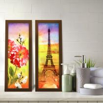 Kit 2 Quadros Decorativos Lavabo Pôr do Sol Floral Torre Eiffel Aquarela