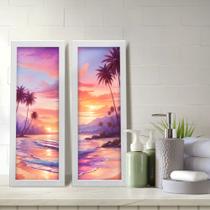 Kit 2 Quadros Decorativos Lavabo Pôr do Sol Praia Litoral Palmeira Horizonte