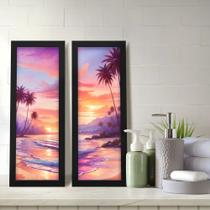 Kit 2 Quadros Decorativos Lavabo Pôr do Sol Praia Litoral Palmeira Horizonte