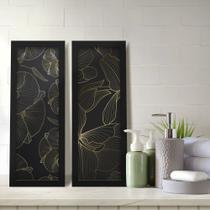 Kit 2 Quadros Decorativos Lavabo Preto e Dourado Moderno Minimalista Ramos Floral