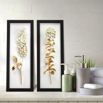 Kit 2 Quadros Decorativos Lavabo Ramos de Flor Efeito 3D Dourado Branco