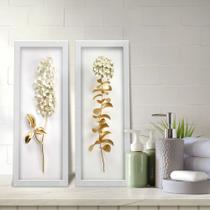 Kit 2 Quadros Decorativos Lavabo Ramos de Flor Efeito 3D Dourado Branco