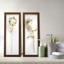 Kit 2 Quadros Decorativos Lavabo Rosa Peônia Efeito 3D Branco Dourado