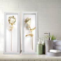 Kit 2 Quadros Decorativos Lavabo Rosa Peônia Efeito 3D Branco Dourado