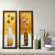 Kit 2 Quadros Decorativos Lavabo Vaso Arranjo Floral Branco e Dourado Moderno