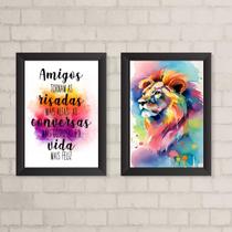 Kit 2 Quadros Decorativos Leão FraseAmigos 24x18cm - com vidro