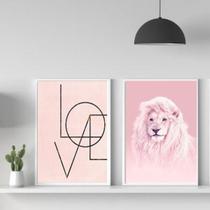 Kit 2 quadros decorativos Leão Rosa Love 45x34cm - Com Vidro