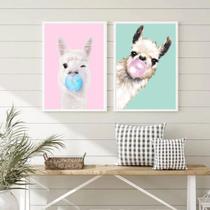 Kit 2 Quadros Decorativos Lhamas Bubble Gum 45x34cm - com vidro