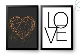 Kit 2 Quadros decorativos Love e coração geométrico dourado