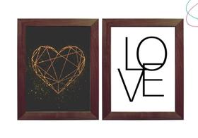 Kit 2 Quadros decorativos Love e coração geométrico dourado