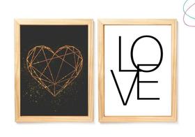 Kit 2 Quadros decorativos Love e coração geométrico dourado
