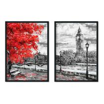 Kit 2 Quadros Decorativos Torre Big Ben Cidade Preto Vermelho Sala Quarto 33x43cm