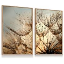 Kit 2 Quadros Decorativos Vidro Dente de Leão Natureza Moldura Carvalho 43x63cm Sala Quarto