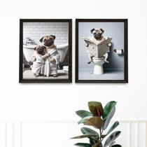 Kit 2 Quadros Divertidos Banheiro - Pugs 33X24Cm - Com Vidro