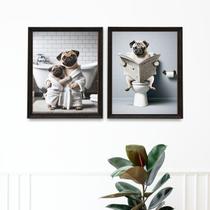 Kit 2 Quadros Divertidos Banheiro - Pugs 45x34cm - com vidro