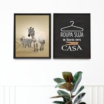 Kit 2 Quadros Divertidos Lavandería Zebra 24X18Cm - Vidro