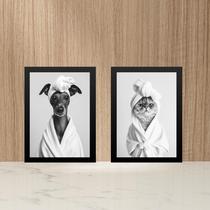 Kit 2 Quadros Divertidos Para Banheiro Cachorrinha e Gatinha 33x24cm