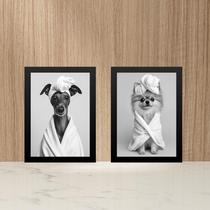 Kit 2 Quadros Divertidos Para Banheiro Cachorrinhas 33x24cm