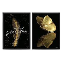 Kit 2 Quadros Dourados Gratidão Borboleta 24X18 Vidro Preta