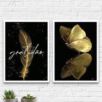 Kit 2 Quadros Dourados Gratidão Borboleta 45X34Cm - Preta
