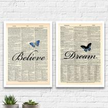 Kit 2 Quadros Dream Believe Borboleta 45x34cm