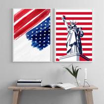 Kit 2 Quadros EUA - Bandeira e Estátua Liberdade 24x18cm - com vidro