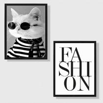 Kit 2 Quadros Fashion Gatinho Moda 45x34cm - com vidro Kit 2 Quadros Fashion Gatinho Moda 45x34cm - com vidro