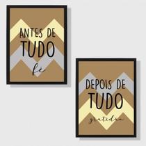 Kit 2 Quadros Fé E Gratidão Chevron Azul 33X24Cm Com Vidro