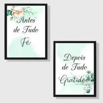 Kit 2 Quadros Fé e Gratidão - Floral Suave 24x18cm
