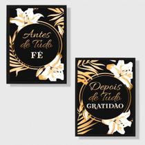 Kit 2 Quadros Fé e Gratidão Preto e Dourado 33x24cm - com vidro