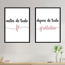 Kit 2 Quadros Fé E Gratidão Rosa 45X34Cm Com Vidro Preta