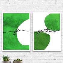 Kit 2 Quadros Fé E Gratidão Verde 33X24Cm - Com Vidro