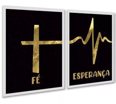 Kit 2 Quadros Fé Esperança - Preto Com Dourado 33x24cm