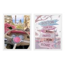 Kit 2 Quadros Femininos Placas Destinos 33X24Cm - Com Vidro