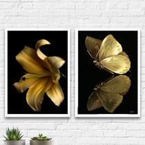 Kit 2 Quadros Flor E Borboleta Ouro E Preto 24x18cm - com vidro