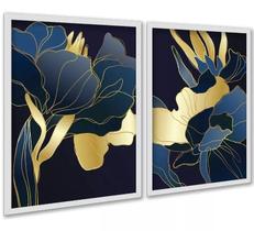 Kit 2 Quadros Florais Azul Dourado Linhas 24X18Cm