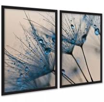 Kit 2 Quadros Flores Azuis Gotas 45x34cm