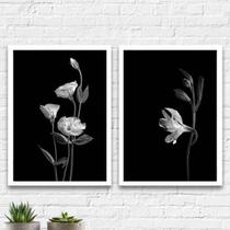 Kit 2 Quadros Flores Branco E Preto 33x24cm