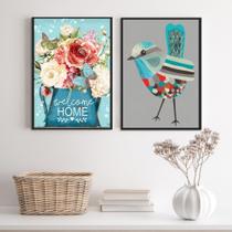 Kit 2 Quadros Flores E Passarinho - Welcome 45X34Cm - Vidro