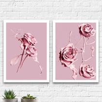 Kit 2 Quadros Flores Rosas Tinta 24x18cm - com vidro