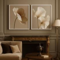 Kit 2 Quadros Flores Sofisticadas Elegantes Bege Cinza 24x18cm - com vidro Cor:Moldura branca Kit 2 Quadros Flores Sofisticadas Elegantes Bege Cinza 24x18cm - com vidro Cor:Moldura branca