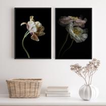 Kit 2 Quadros Flores Tons Bege Fundo Preto 45x34cm - com vidro Kit 2 Quadros Flores Tons Bege Fundo Preto 45x34cm - com vidro