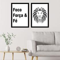 Kit 2 Quadros Foco, Força e Fé - Leão 45x34cm - com vidro Kit 2 Quadros Foco, Força e Fé - Leão 45x34cm - com vidro
