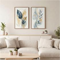Kit 2 Quadros Folhagem Azul Dourado Aquarela 40x60 Moldura Kit 2 Quadros Folhagem Azul Dourado Aquarela 40x60 Moldura